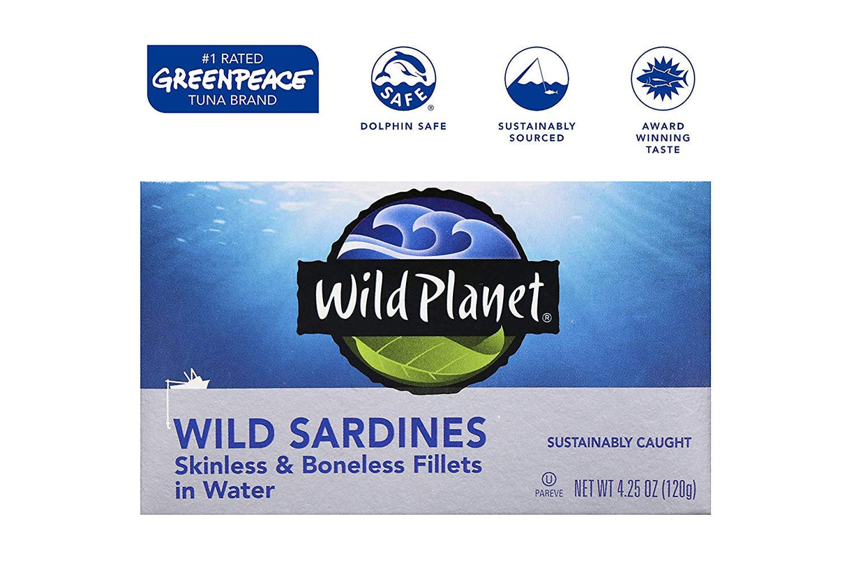 Wild Planet Wild Sardines - Skinless & Boneless Fillets in Water (Case of 12) | 4.25 Oz Cans | High Protein, Omega-3s, Kosher, Sustainably Sourced Seafood