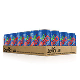 Case of Zevia cherry cola cans on a white background