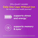 Purple background with text and icons about daily caps without iron for health benefits.