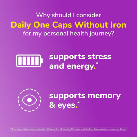 Purple background with text and icons about daily caps without iron for health benefits.
