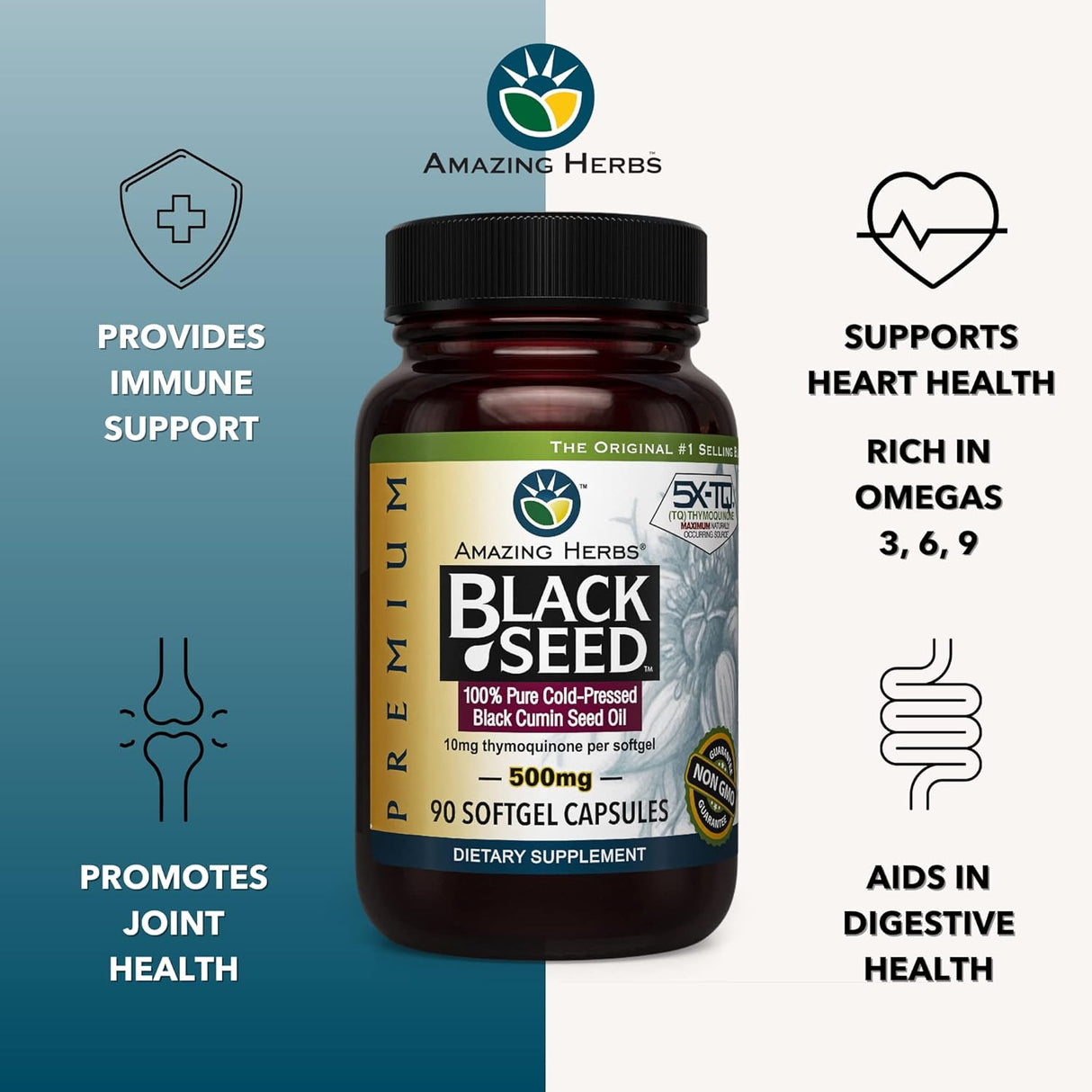 Amazing Herbs Black Seed Oil Softgels – Cold-Pressed Nigella Sativa  500 mg (Pack of 3)