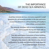 Dead Sea shoreline with text about the importance of Dead Sea minerals.