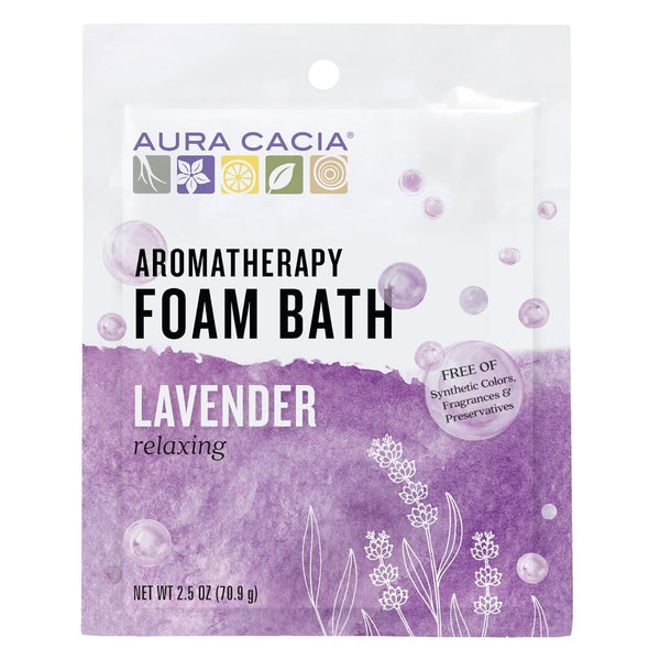 Aura Cacia lavender aromatherapy foam bath packaging on a white background