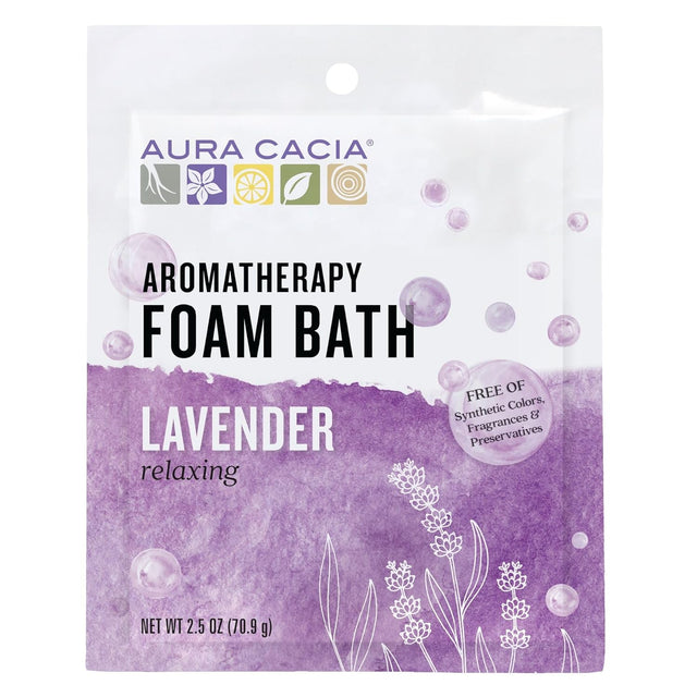 Aura Cacia lavender aromatherapy foam bath packaging on a white background