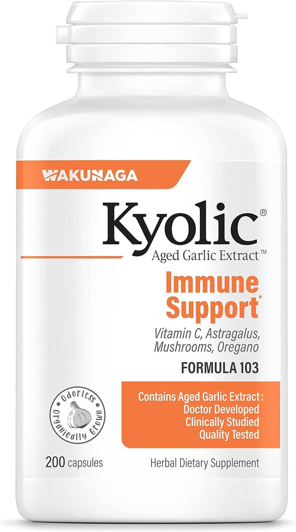 Supplement bottle of 'Kyolic formula 103' with Wakunaga branding on a white background