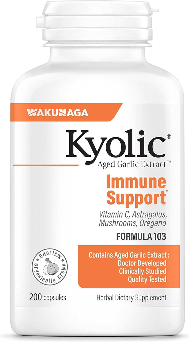 Supplement bottle of 'Kyolic formula 103' with Wakunaga branding on a white background
