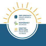 Logo for specialty grade Arabica coffee with responsible sourcing and care from bean to brew on a blue and white background.