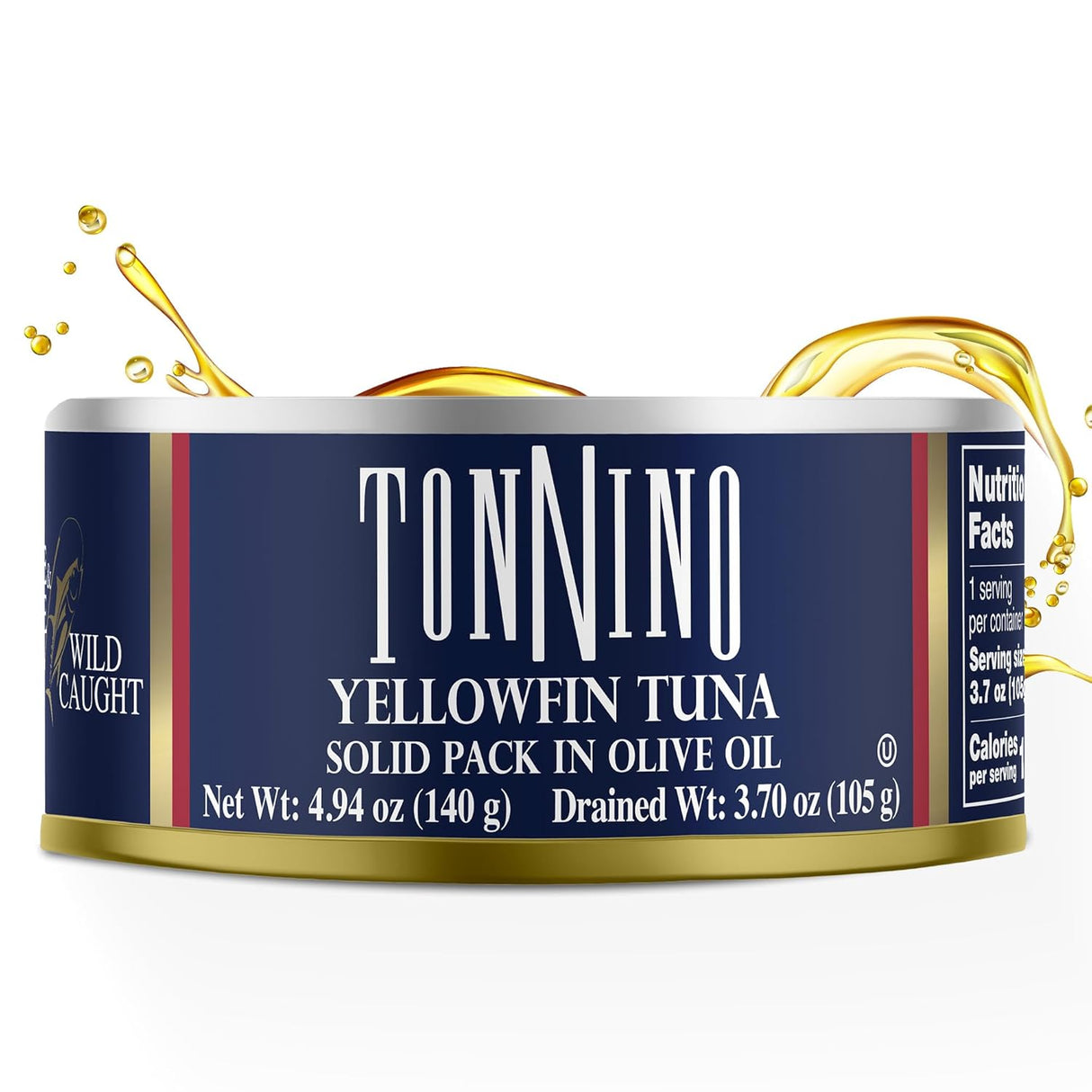 Tonnino Yellowfin Tuna can with olive oil on a white background