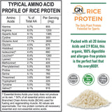 Nutritional label for rice protein with amino acid profile and product description.