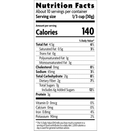 Nutrition facts label for a food product with detailed calorie and nutrient information.