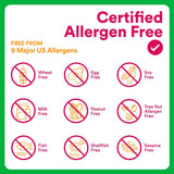 Certified allergen free certification with icons for 9 major US allergens on a green border.