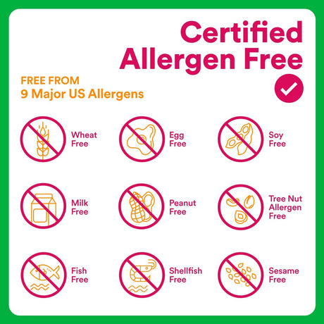 Certified allergen free certification with icons for 9 major US allergens on a green border.