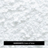 Close-up of white powder labeled 'Ingredients: Cream of Tartar' on a white background