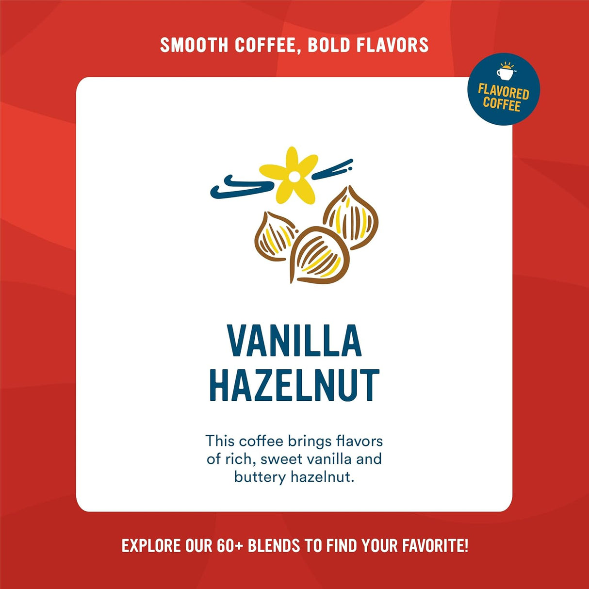 Vanilla hazelnut coffee package with brand logo on a red background