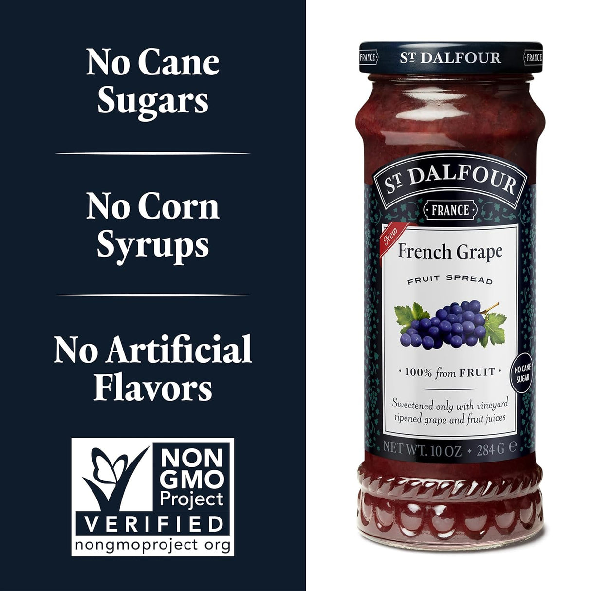 Jar of St. Dalfour strawberry fruit spread with health claims and Non-GMO Project verification on a blue background