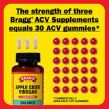Bragg Apple Cider Vinegar supplement with ACV gummies on a yellow and red background