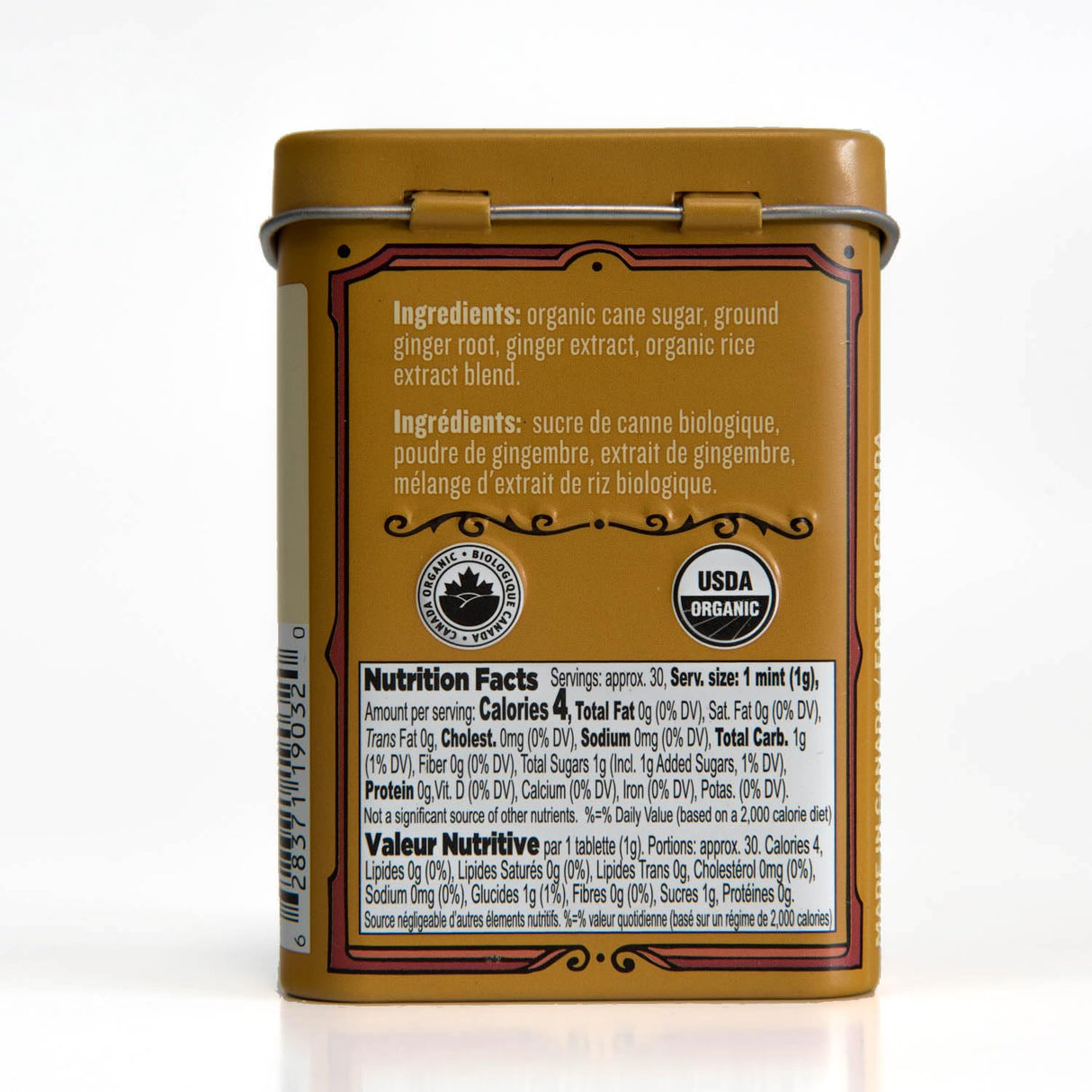 Back label of a gingerbread spice mix container with ingredients and nutrition facts.