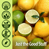 Lemons and limes with certification icons and 'Just the Good Stuff' branding on a green background.