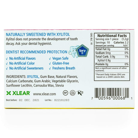Back of a Xlear product packaging with nutritional facts, ingredients, and branding information.