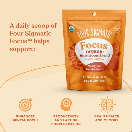Four Sigmatic Focus mushroom blend package on a beige background with text about its benefits.