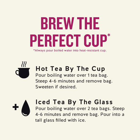 Instructions for brewing tea by the cup and by the glass on a beige background.
