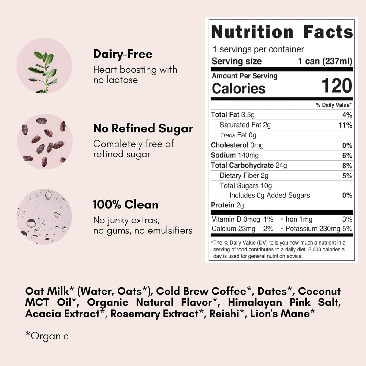 Nutrition facts label for a dairy-free, sugar-free product with ingredients listed on a light pink background.