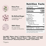 Nutrition facts label for a dairy-free, sugar-free product with ingredients listed on a light pink background.