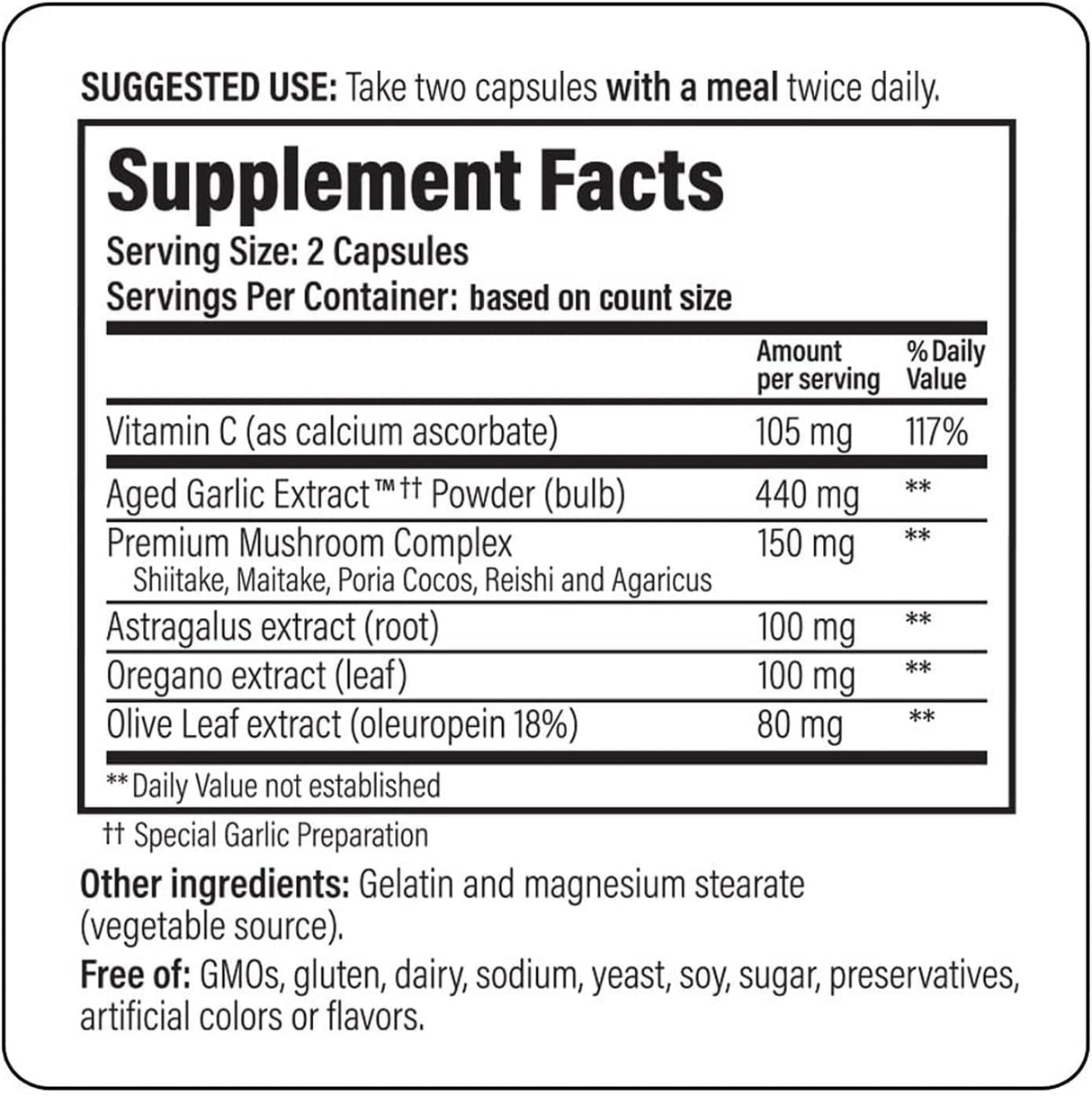 Supplement label with detailed ingredient list and usage instructions.