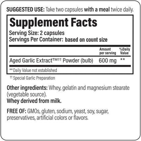 Supplement label with Aged Garlic Extract powder serving size and facts.