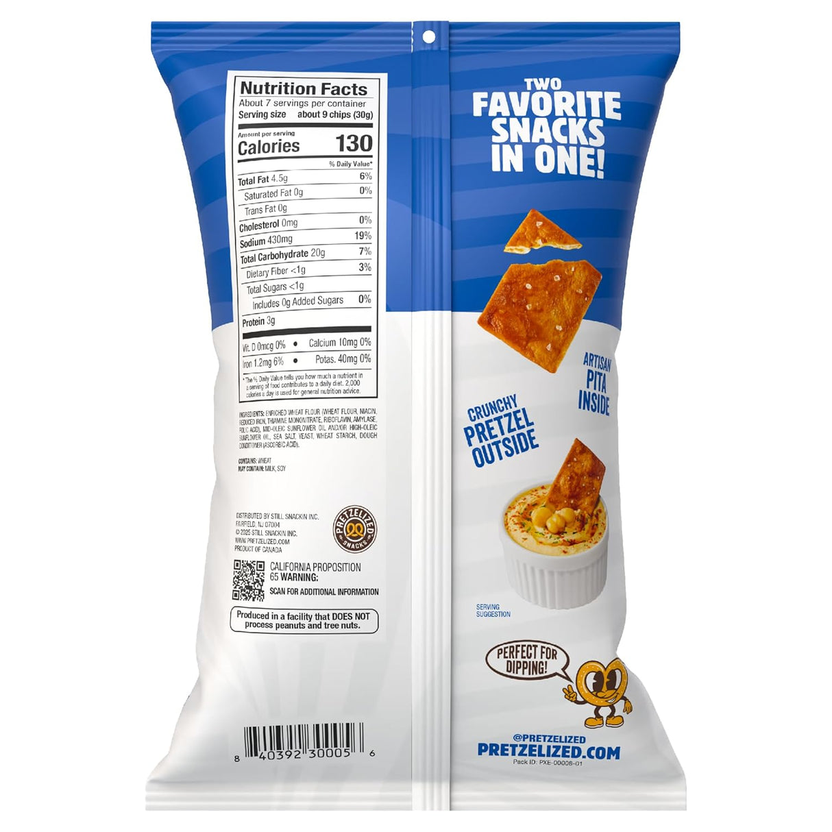 Pretzel snack package with nutritional information and branding details.