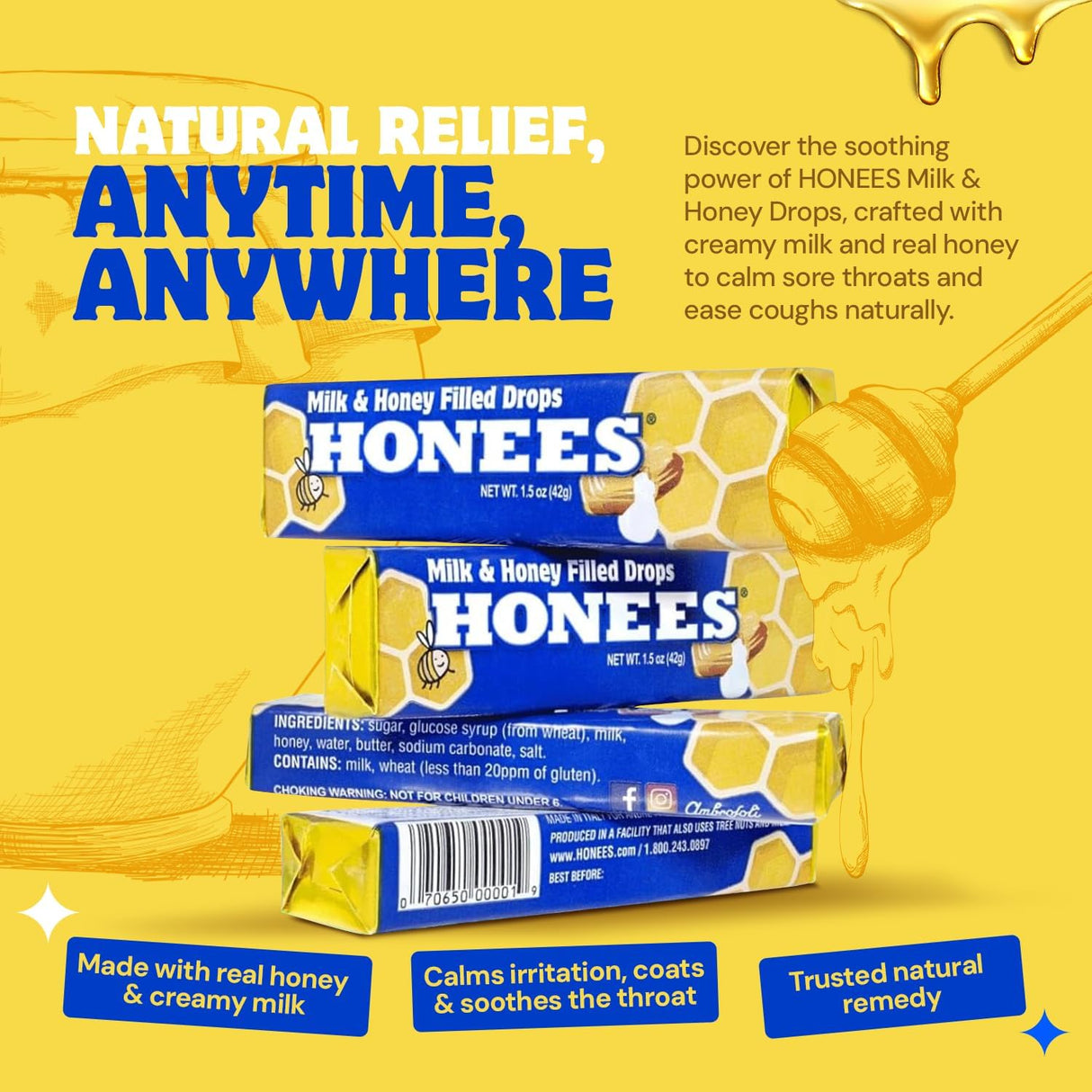 Honees Milk and Honey Filled Bite-Sized Soft Caramel Drops, Pack of 24, 1.5 Oz.