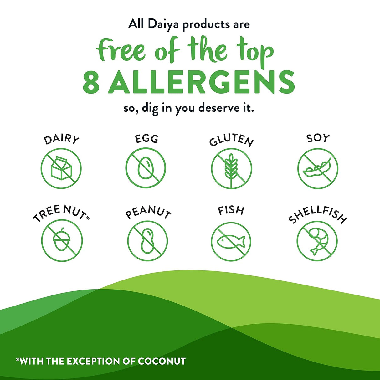 Promotional graphic for Daiya products highlighting allergen-free status with green text and icons on a white background.