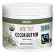Jar of organic cocoa butter with multiple certification logos on a white background