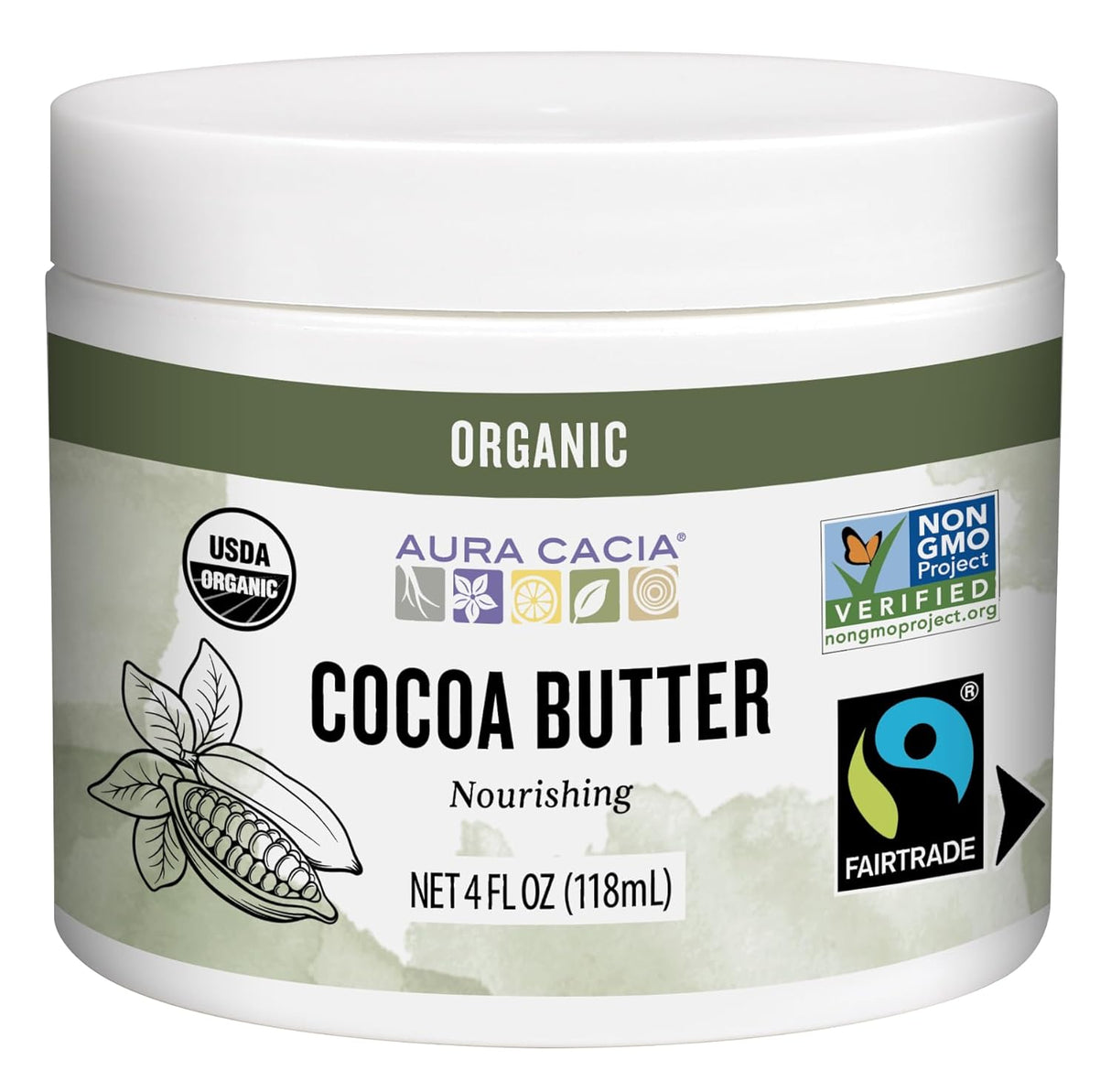 Jar of organic cocoa butter with multiple certification logos on a white background