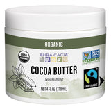 Jar of organic cocoa butter with multiple certification logos on a white background