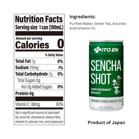 Ito En Sencha Green Tea Shot, Unsweetened, 6.4 oz, Pack of 30