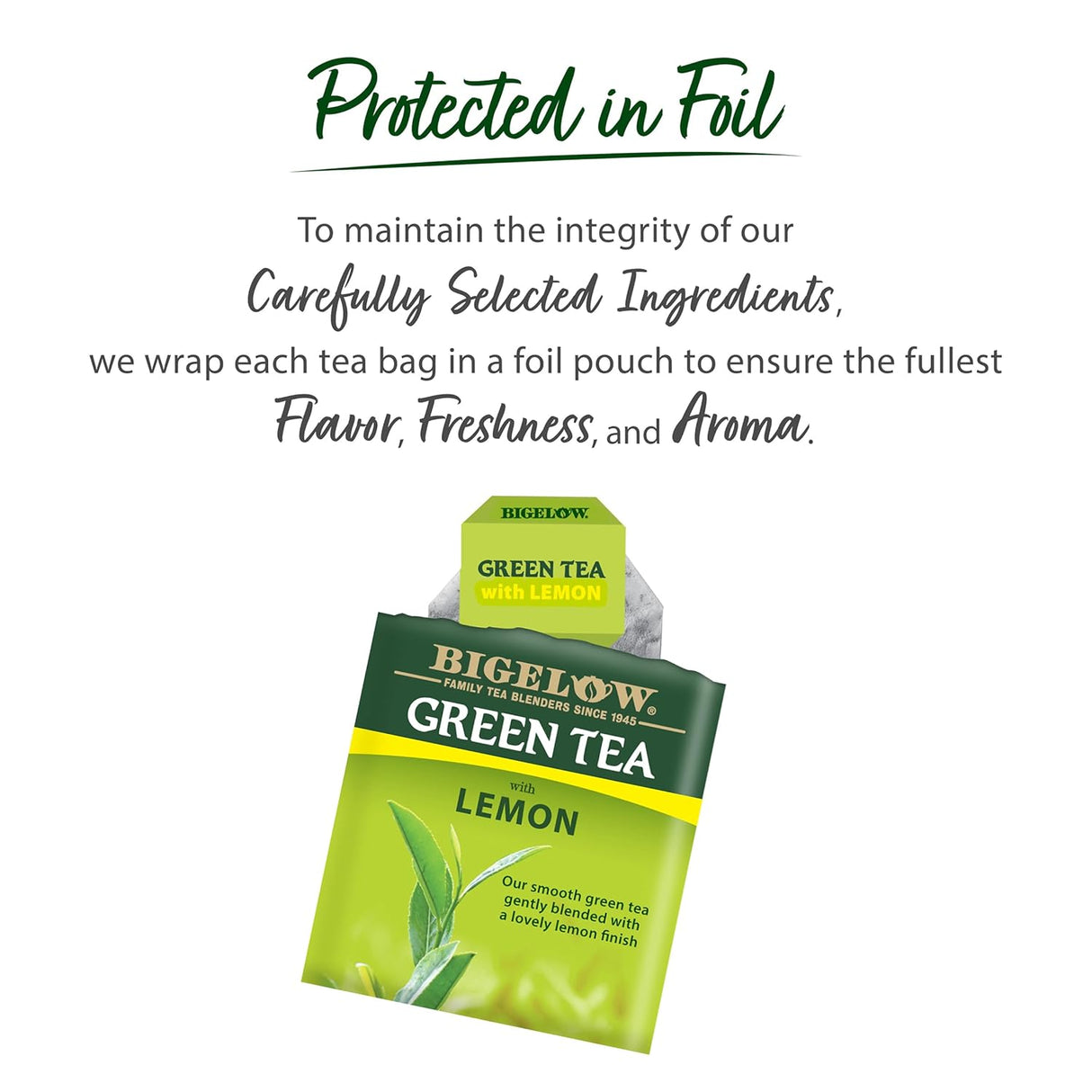 Bigelow Green Tea with Lemon package on a white background with text about tea packaging.