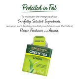 Bigelow Green Tea with Lemon package on a white background with text about tea packaging.