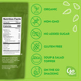 Green packaging with nutrition facts label and health benefits icons on a green background