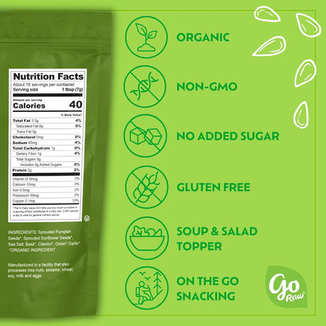 Green packaging with nutrition facts label and health benefits icons on a green background