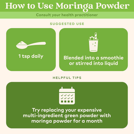 Instructions on how to use moringa powder with icons and text on a green background