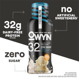 OWYN protein drink bottle with text highlighting nutritional information on a black and white background