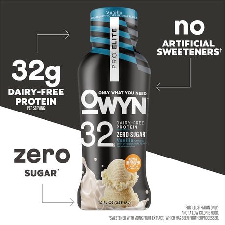OWYN protein drink bottle with text highlighting nutritional information on a black and white background