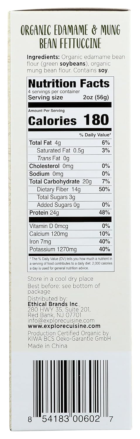 Nutrition facts label for organic edamame and mung bean pasta
