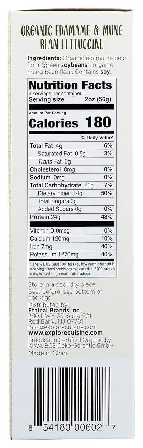 Nutrition facts label for organic edamame and mung bean pasta