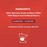 Cameron's Coffee ingredients label with a red background
