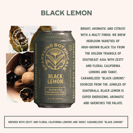 Can of Black Lemon sparkling botanical tea with packaging and text on a white background