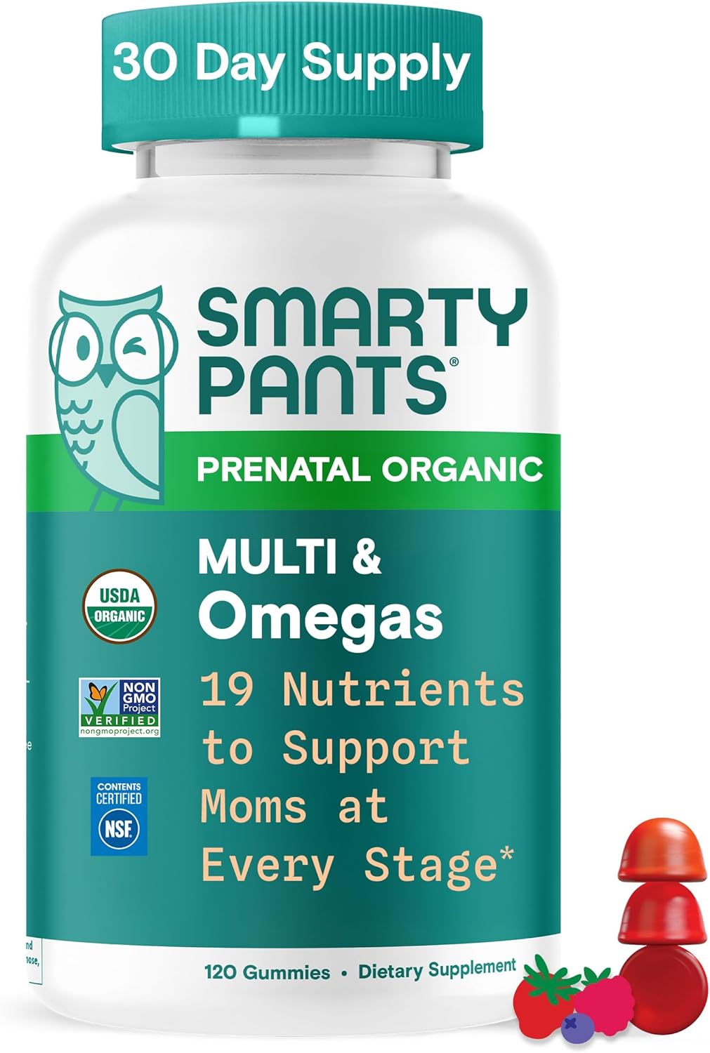 SmartyPants prenatal organic multi and omegas supplement bottle on a white background