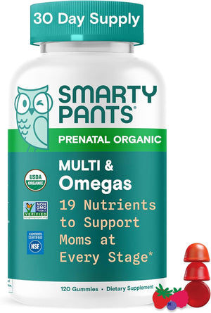SmartyPants prenatal organic multi and omegas supplement bottle on a white background