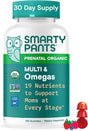 SmartyPants prenatal organic multi and omegas supplement bottle on a white background